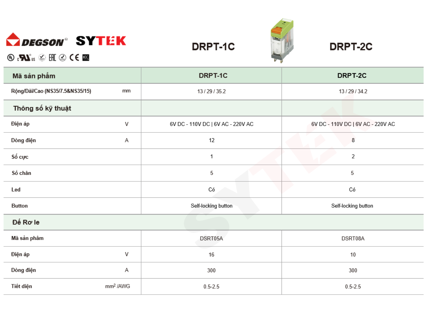 Thông số kỹ thuật rơ le trung gian Degson | mã DRPT