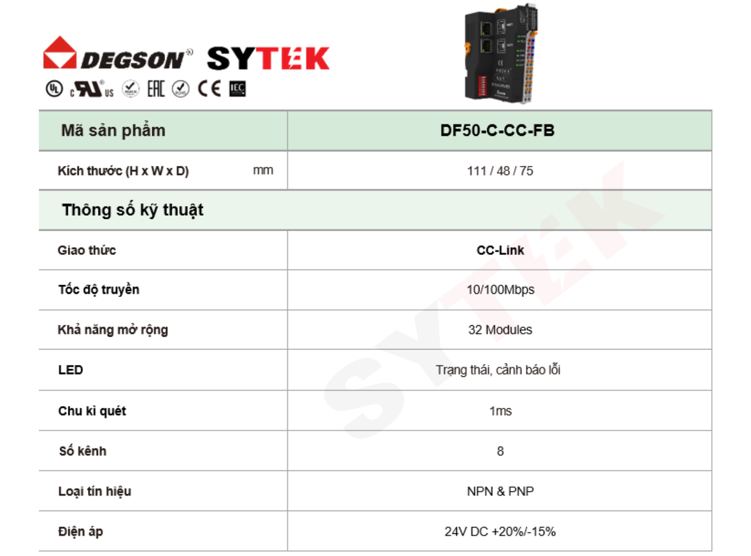 CC-LINK Bus Coupler I/O Modules Degson | DF50-C-CC-FB 2 Thông số CC-LINK Bus Coupler I/O Modules Degson | DF50-C-CC-FB