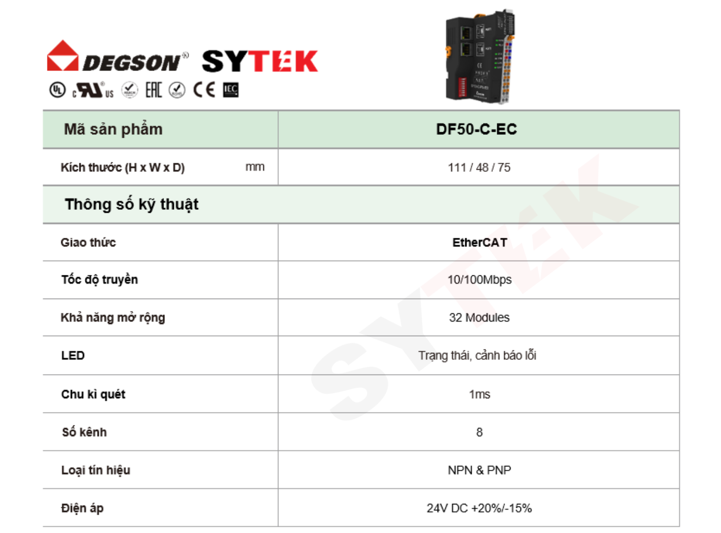 Thông số ETHERCAT Bus Coupler I/O Modules Degson | DF50-C-EC