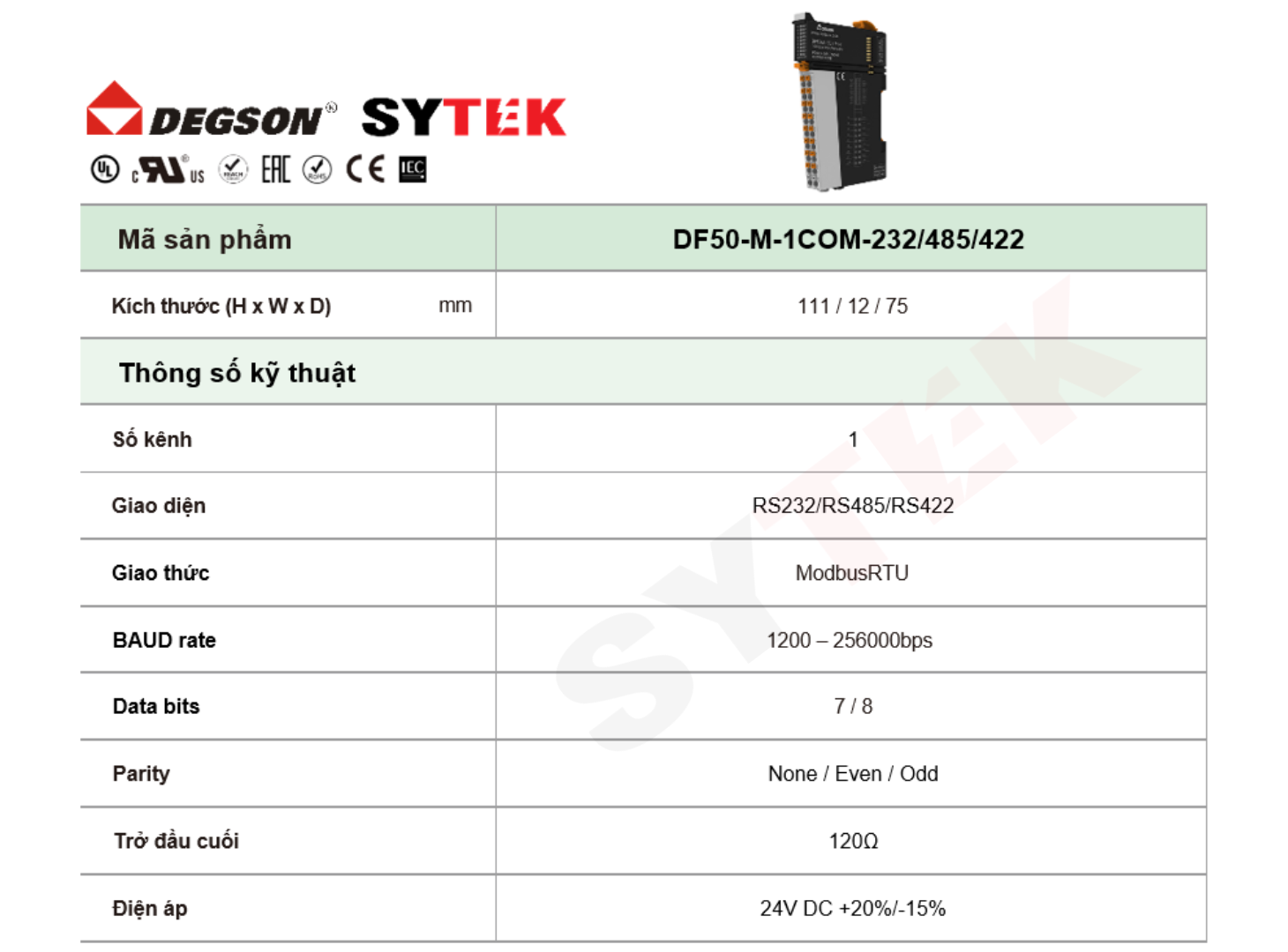Serial Communication Module Degson | DF50-M-1COM-232/485/422 2 Thông số Serial Communication Module Degson | DF50-M-1COM-232/485/422