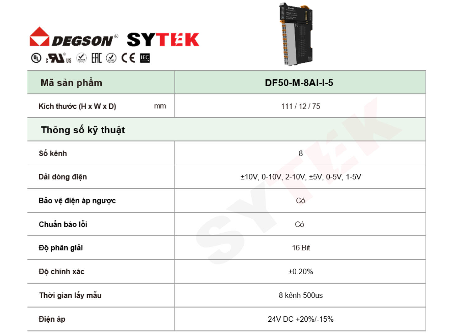 Thông số Analog Input Module Degson | DF50-M-8AI-I-5