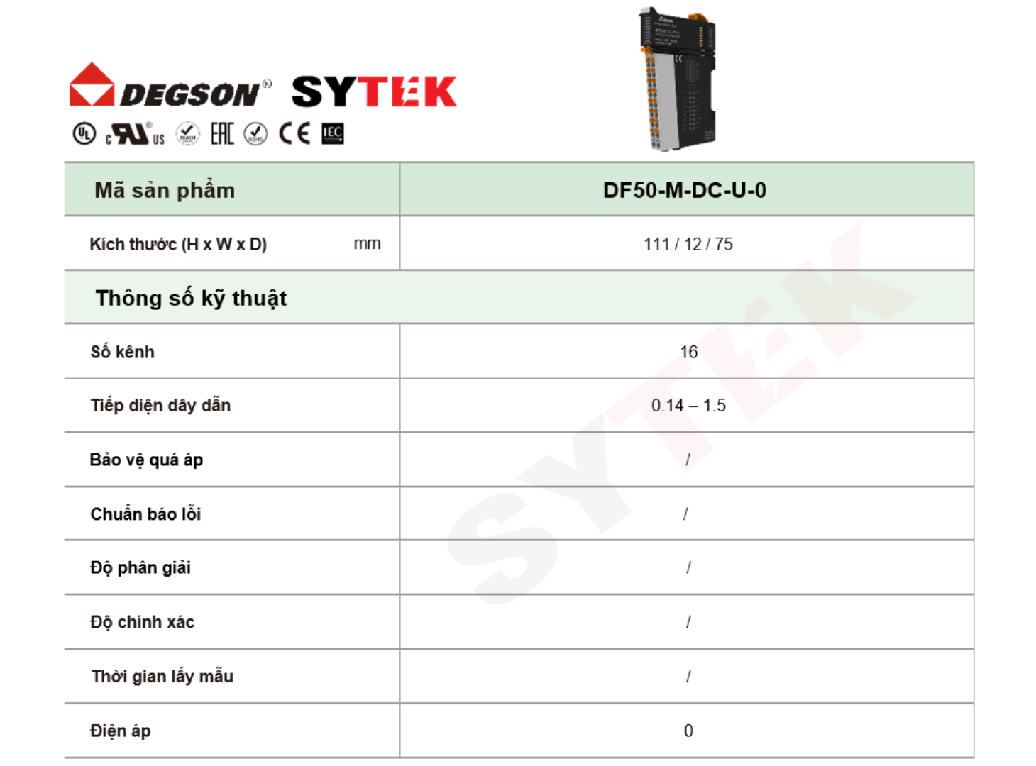 Voltage Distribution Module Degson | DF50-M-DC-U-0 2 Thông số Voltage Distribution Module Degson | DF50-M-DC-U-0