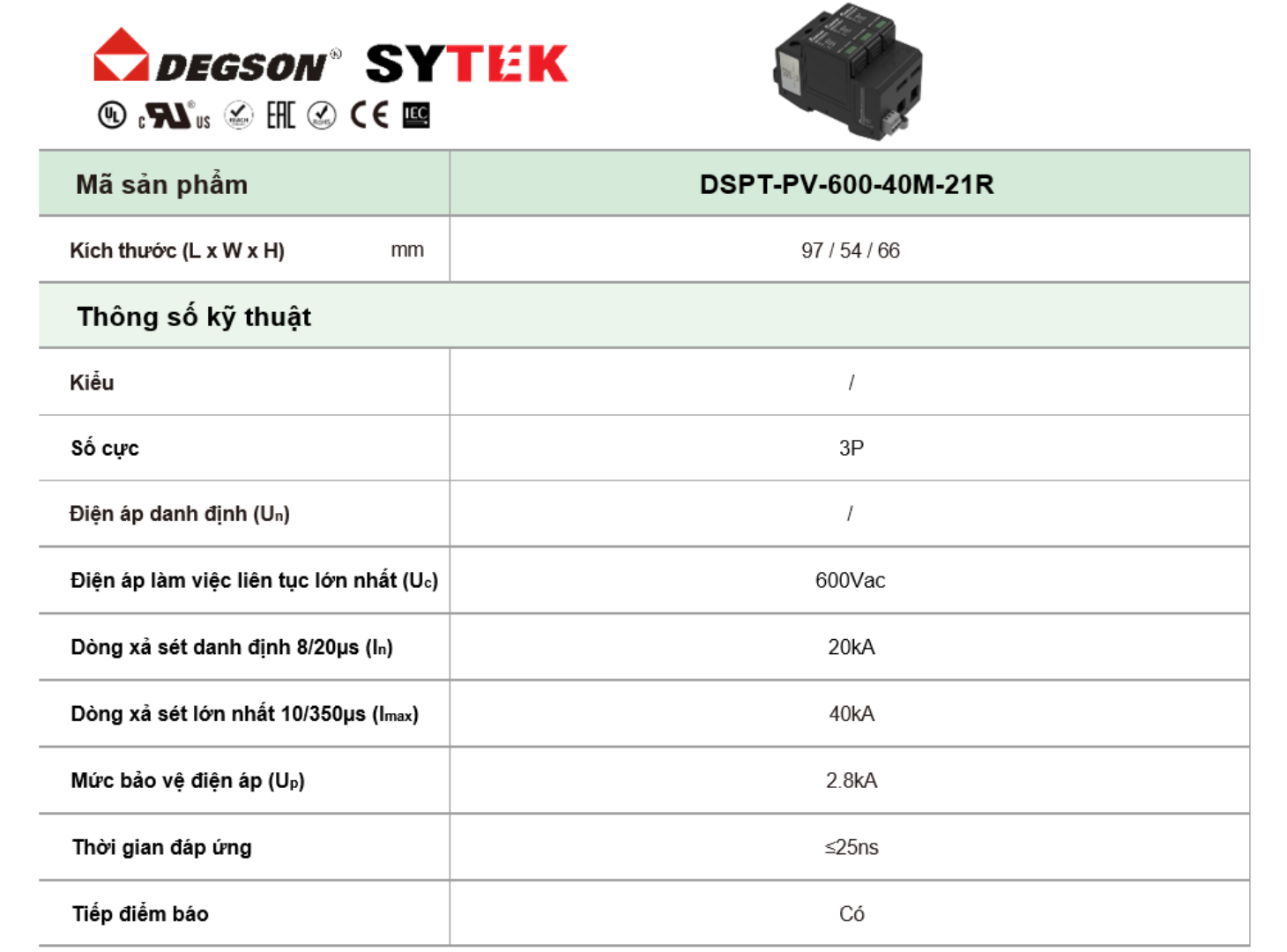 Thông số Thiết bị chống sét quang điện Degson | mã DSPT-PV-600-40M-21R