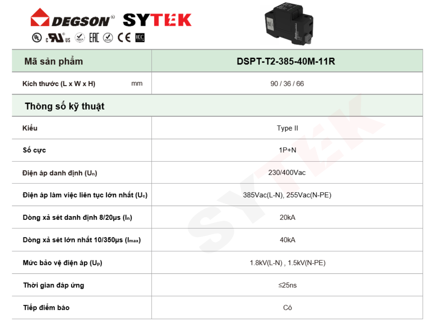 Thiết bị chống sét Degson | mã DSPT-T2-385-40M-11R 2 Thông số Thiết bị chống sét Degson | mã DSPT-T2-385-40M-11R