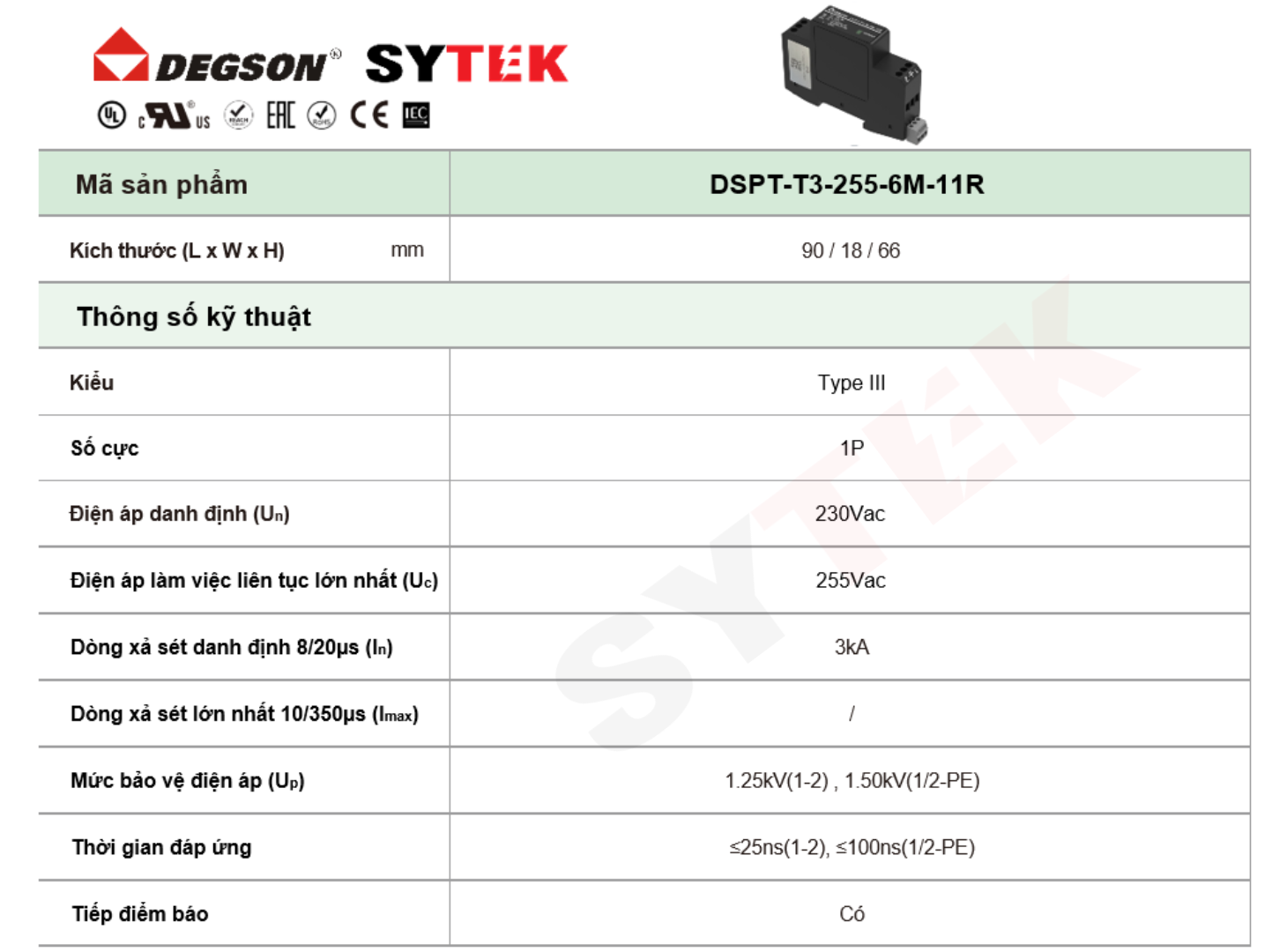 Thiết bị chống sét Degson | mã DSPT-T3-255-6M-11R 2 Thông số Thiết bị chống sét Degson | mã DSPT-T3-255-6M-11R